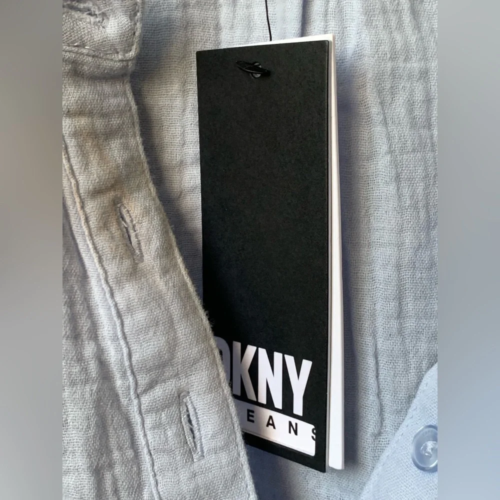 DKNY JEANS Women’s Light Blue Cotton Long Sleeve Henley Style Blouse